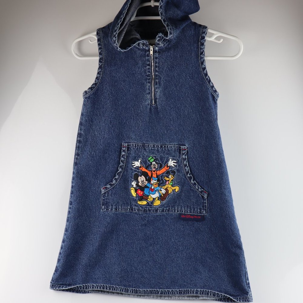 RARE Vintage Walt Disney World Kids Denim Dress with Hoodie Mickey Mouse & Gang